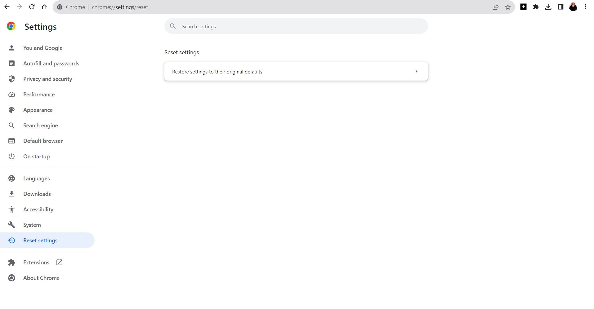 Reset settings on Google Chrome