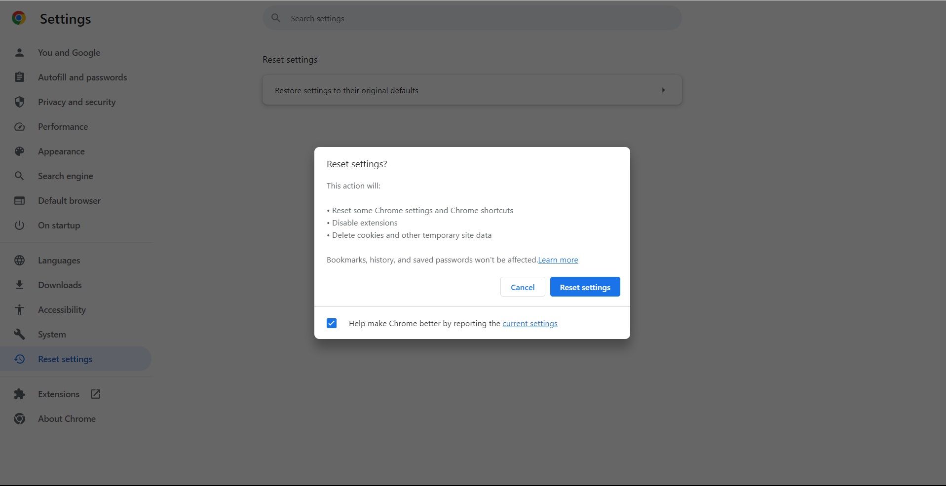 Resetting Chrome settings to default