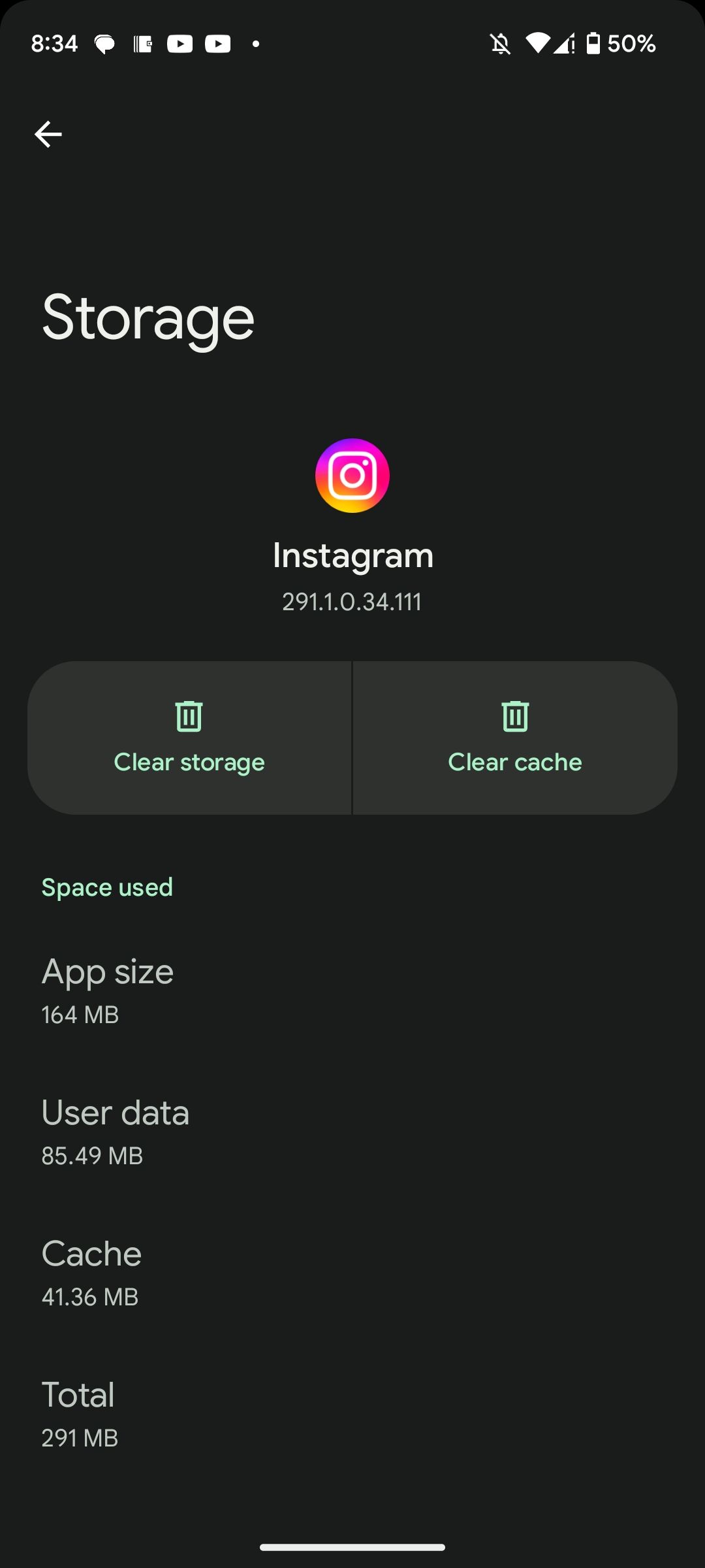 Instagram’s Settings page in Android showing storage use