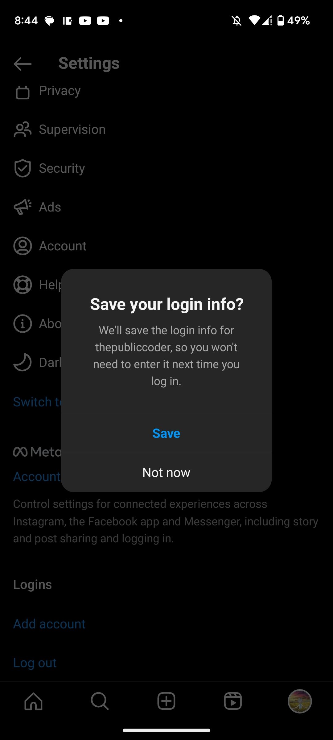 Pop-up for saving Instagram login information