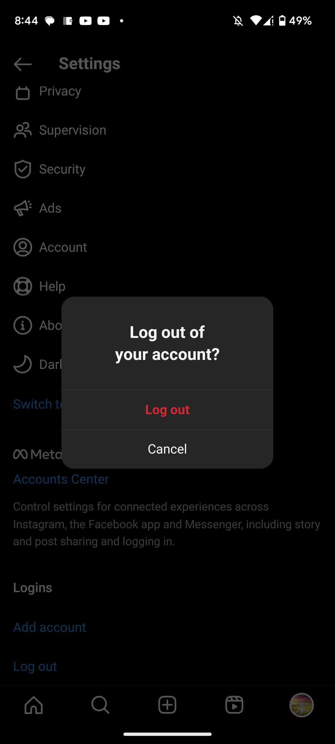 Logging out of Instagram confirmation pop-up