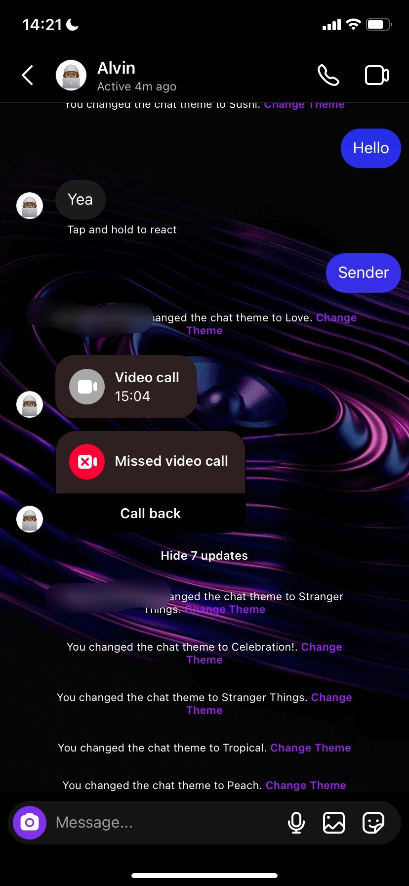 A custom chat theme on Instagram