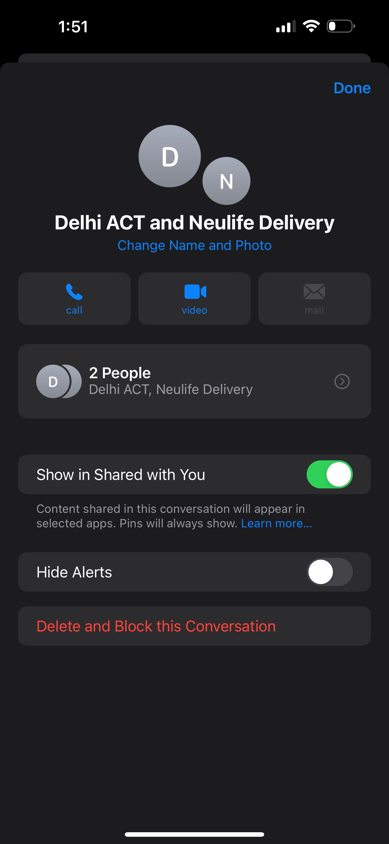 SMS group info in Messages app with option to delete and block the conversation