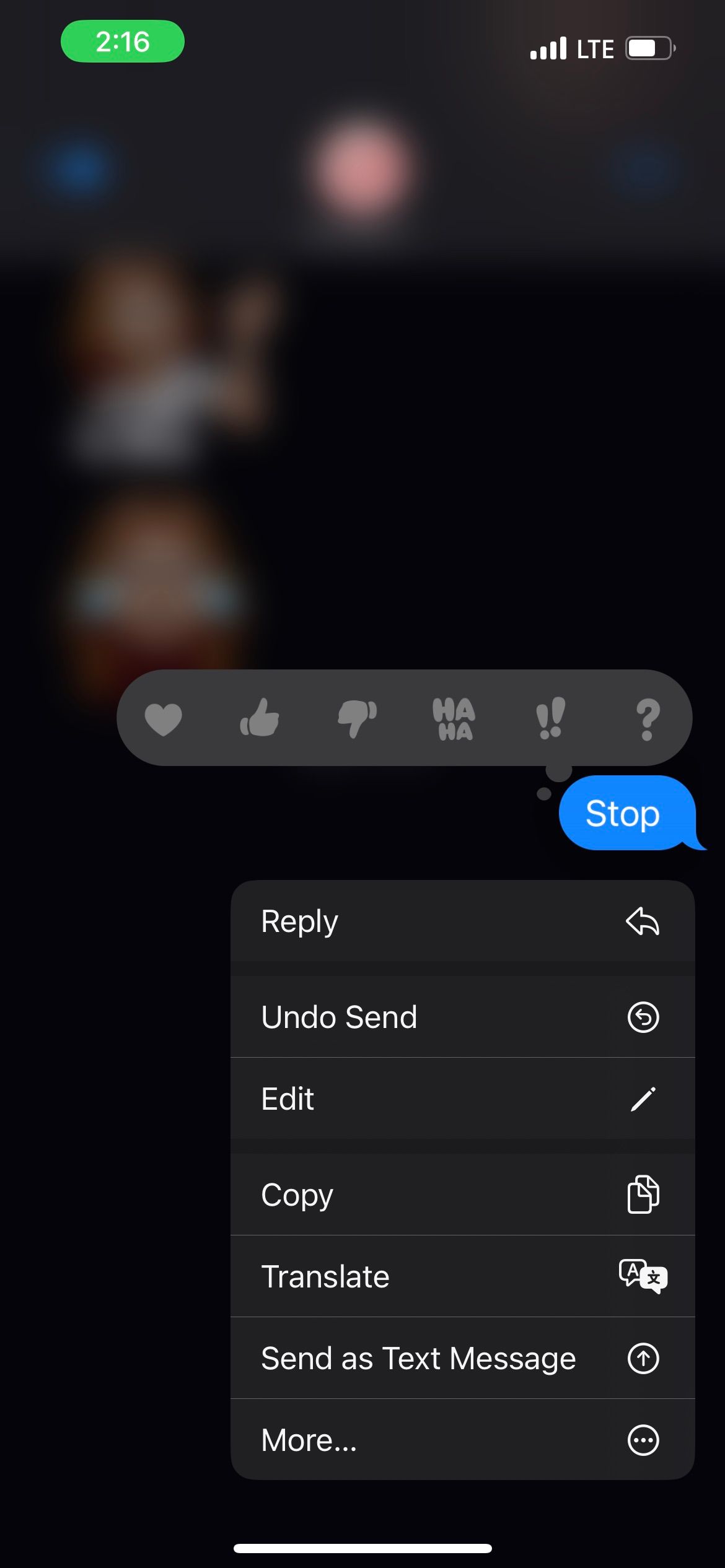 iMessage popup menu on iOS 