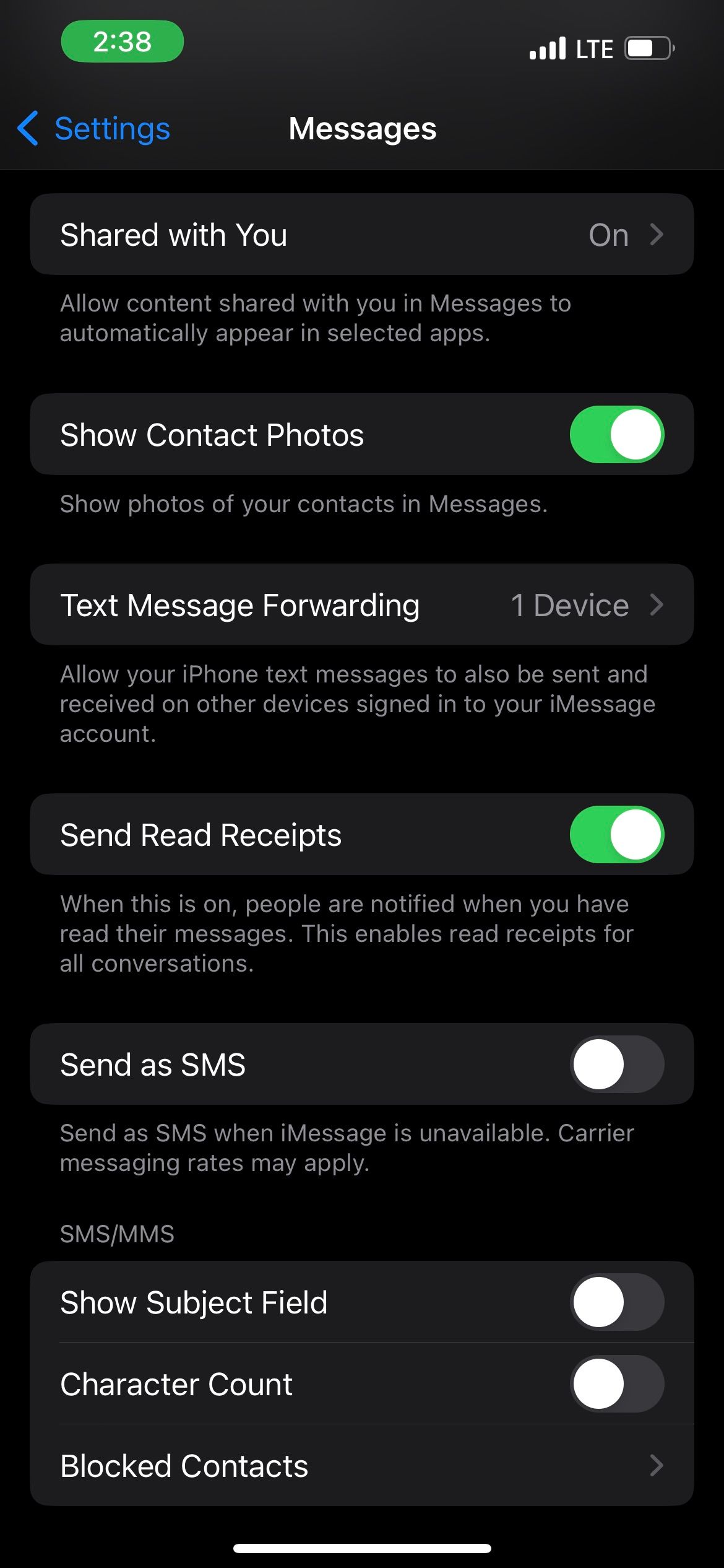 Messages menu in Settings on iOS