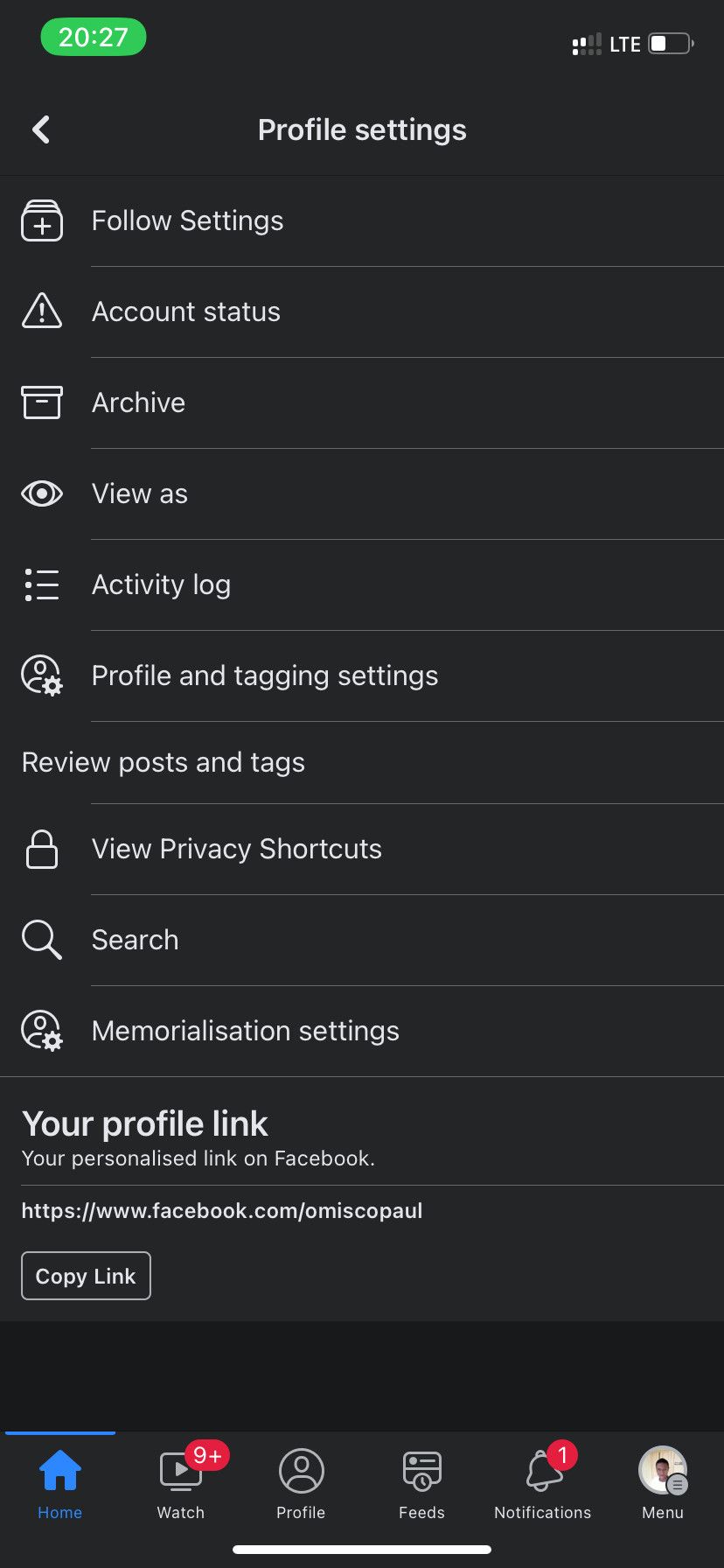 Facebook settings menu