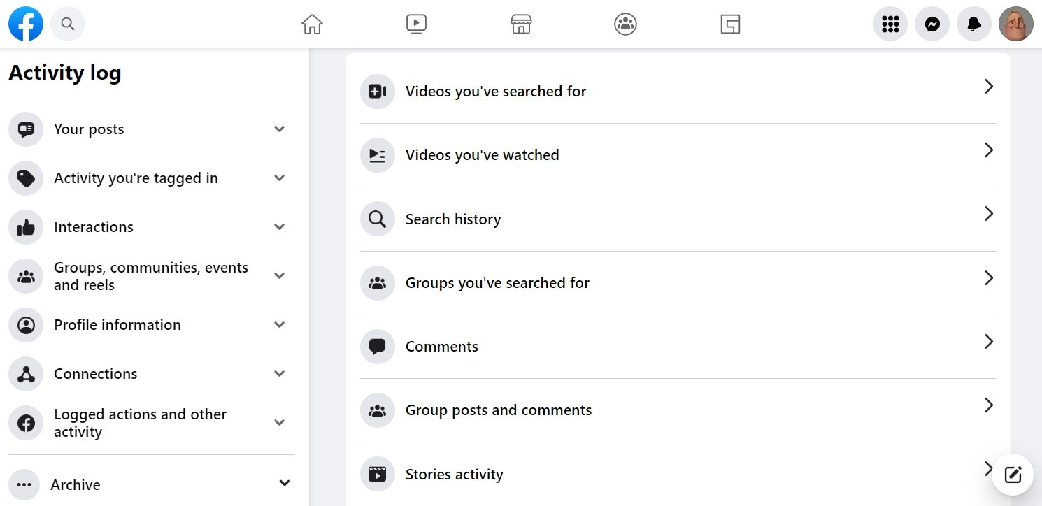 Videos you’ve watched option in Facebook Activity log