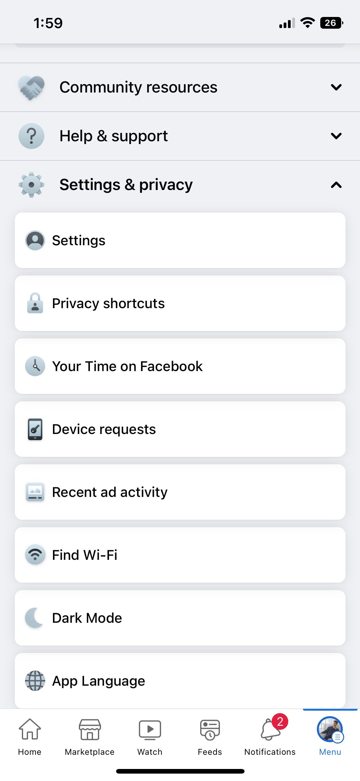 Facebook app settings