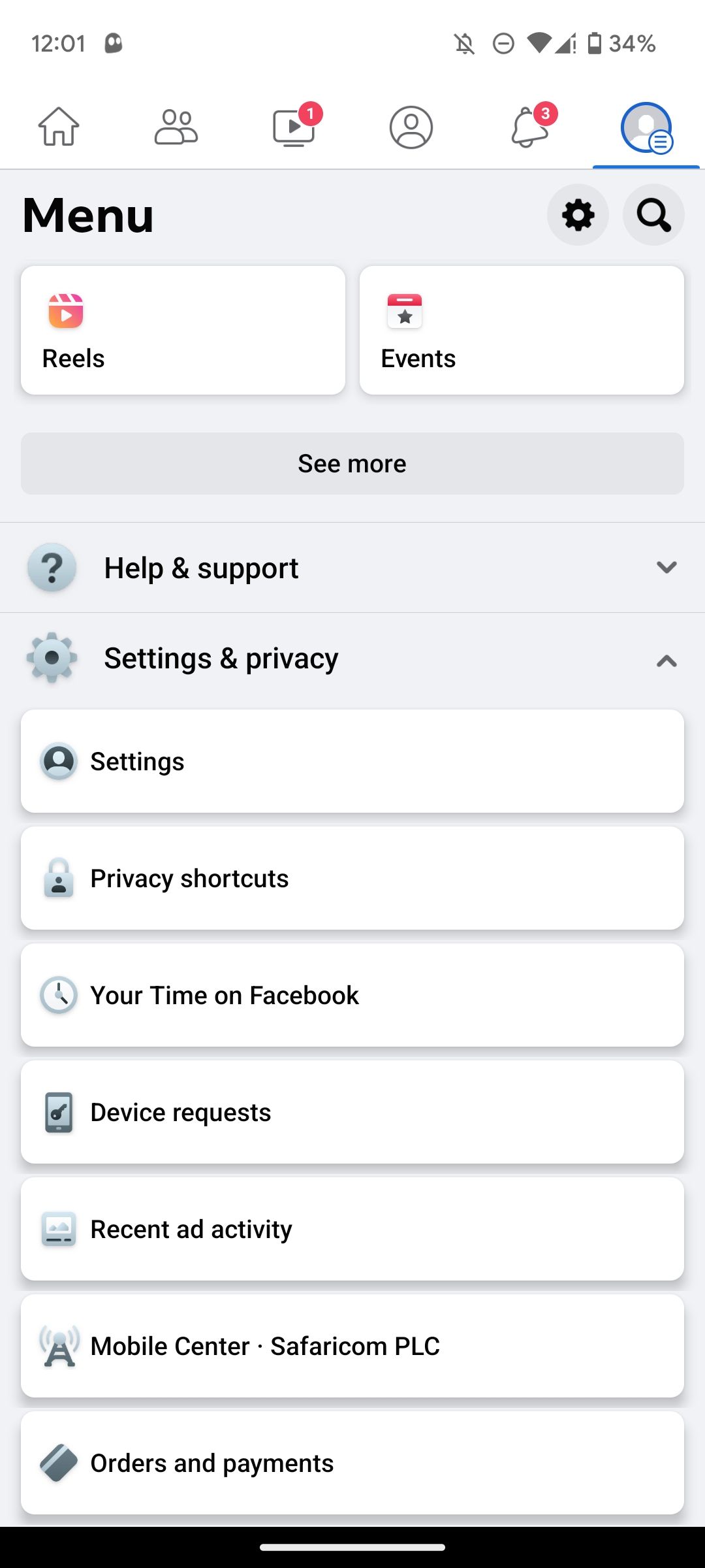 Facebook menu on Android