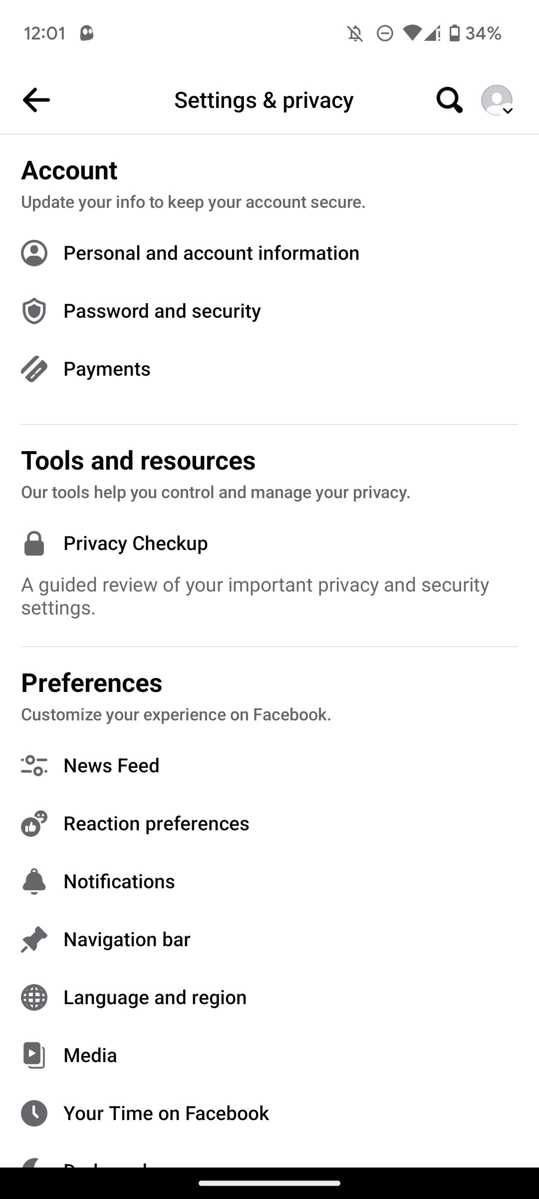 Settings an privacy page on Facebook Android