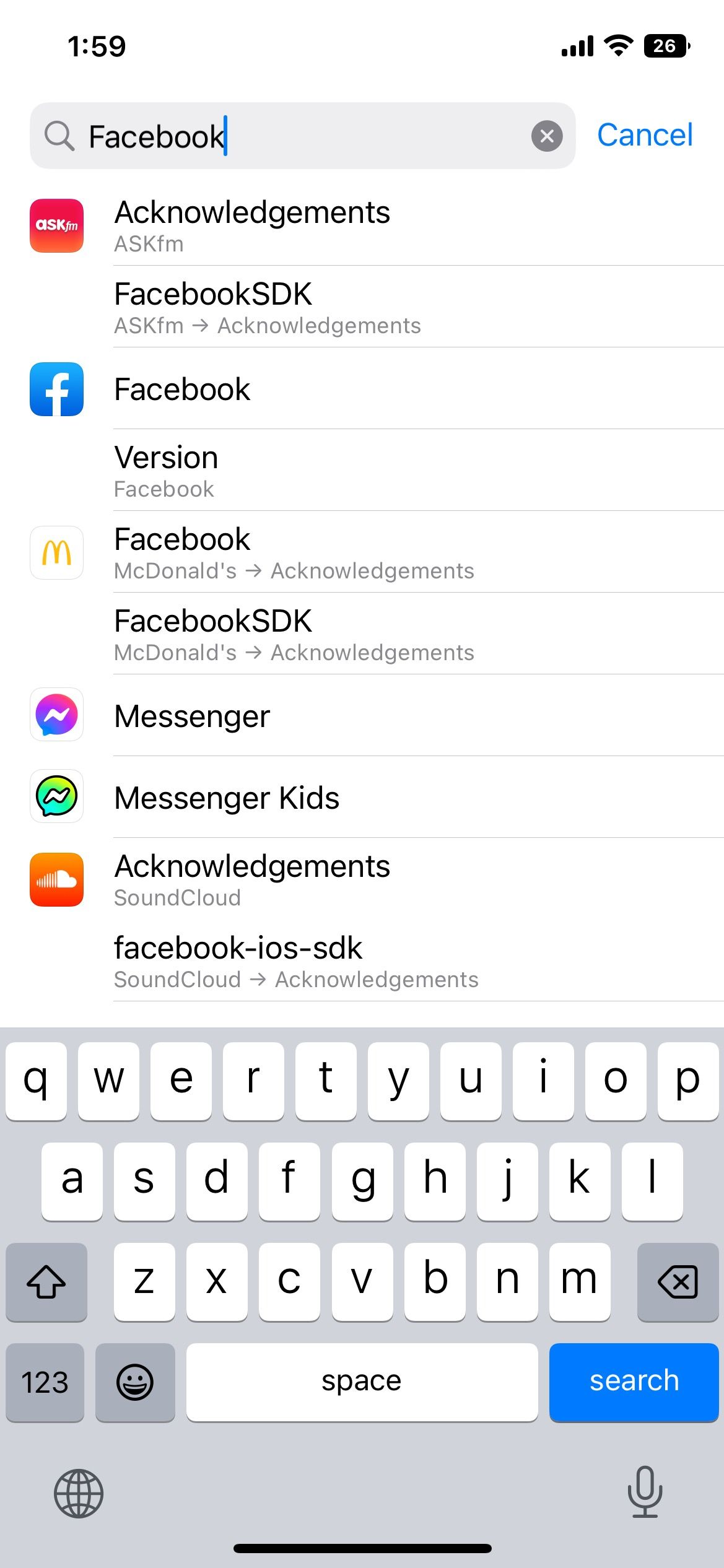 Searching Facebook in iPhone settings