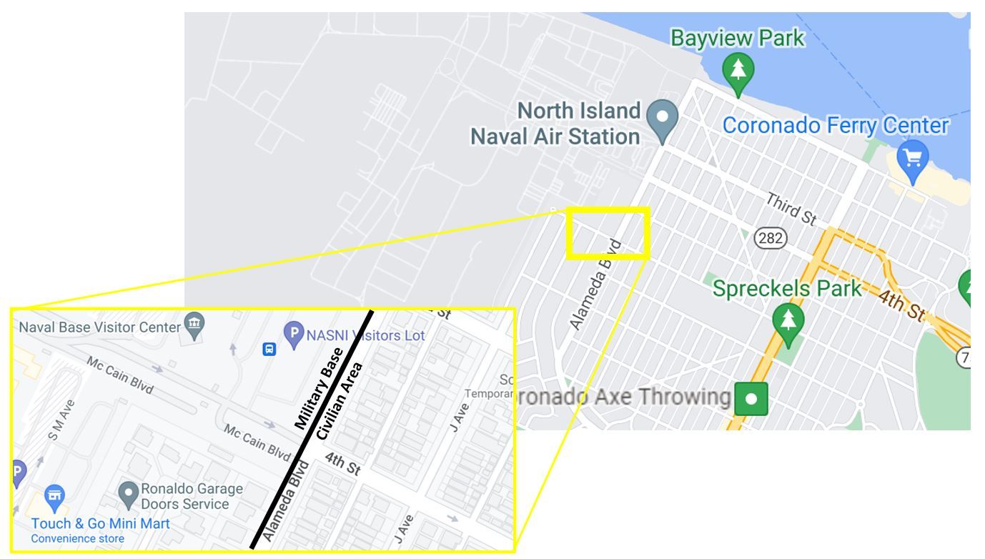 Military and civilian areas in Google Maps using screenshot of San Diego