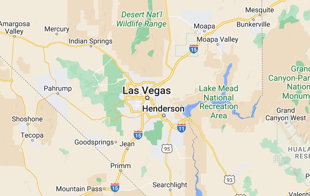 Nature depicted on google maps on an example in Las Vegas showing deserts and green areass