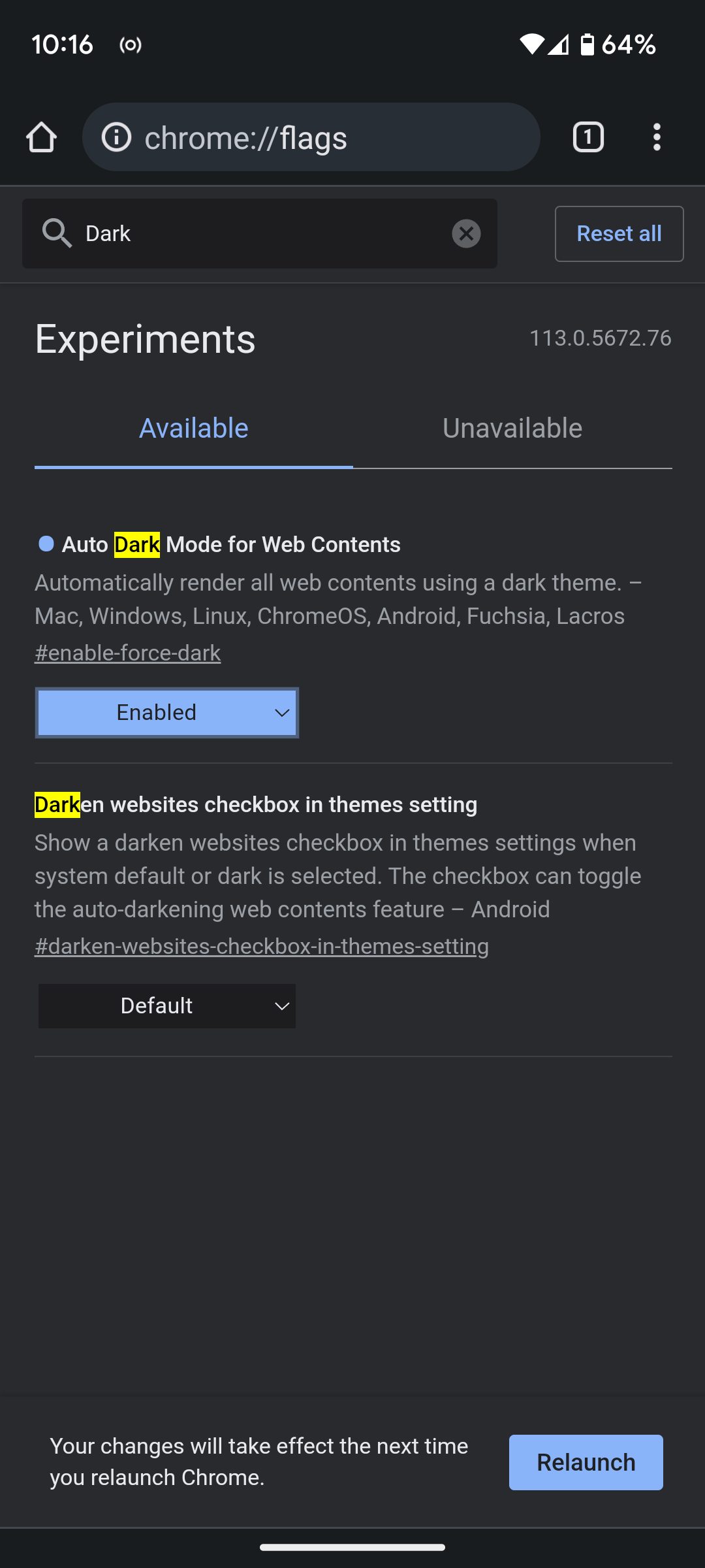 relaunch chrome android with dark theme flag enabled