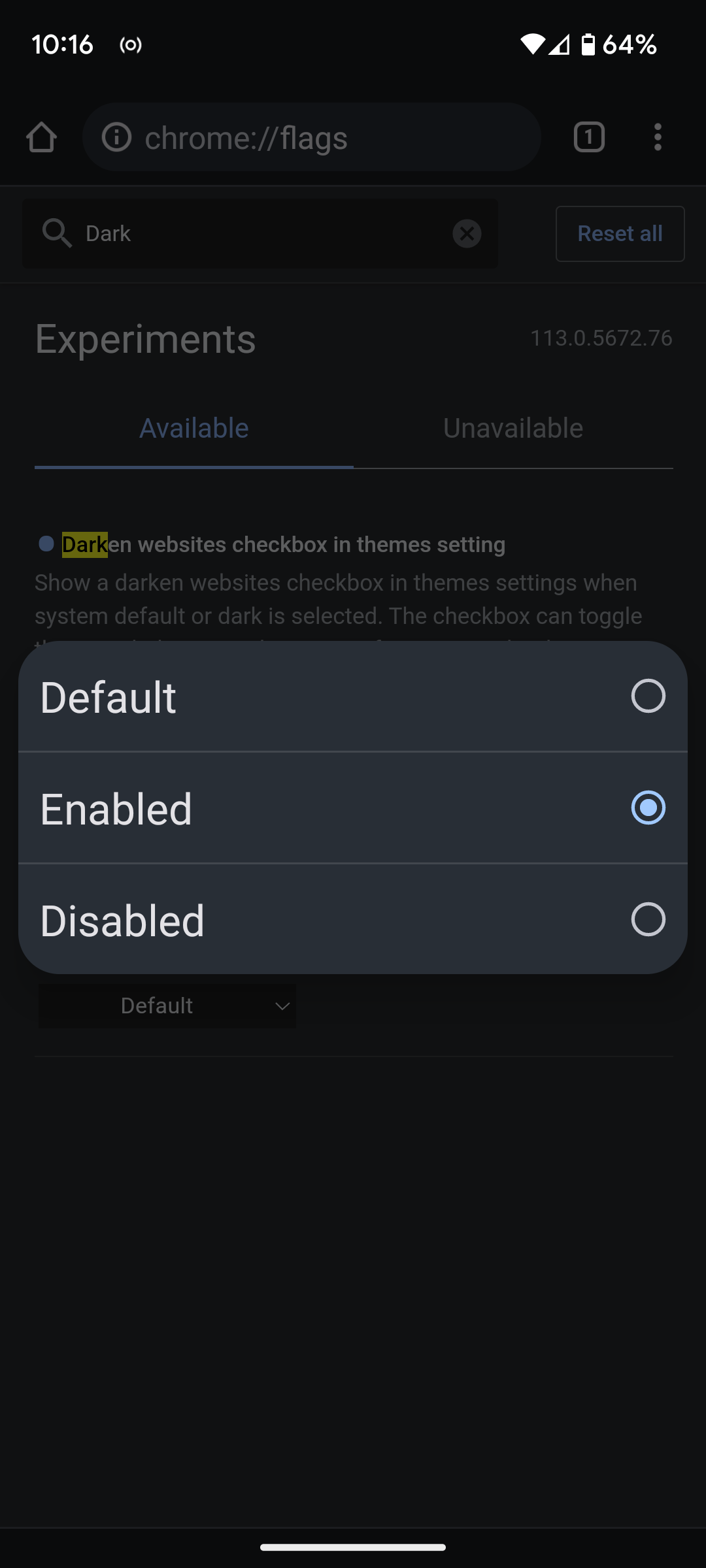 enable dark theme on all websites in chrome android