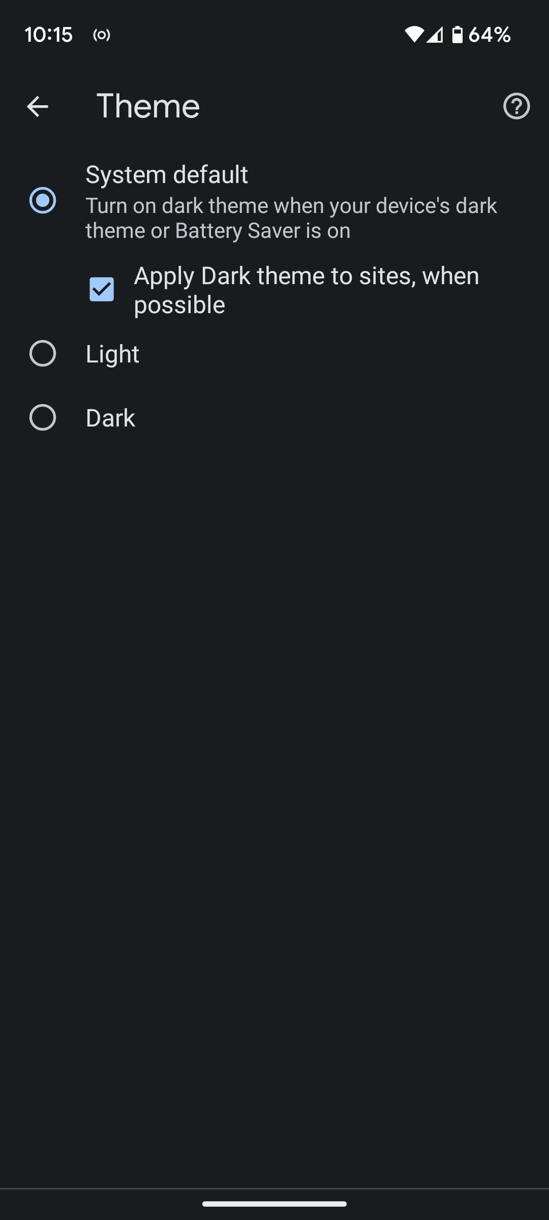 chrome android dark theme option in theme settings