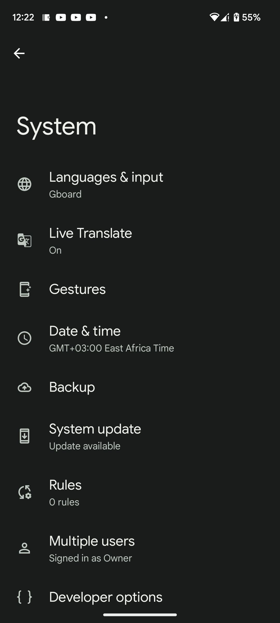 System settings page in Android