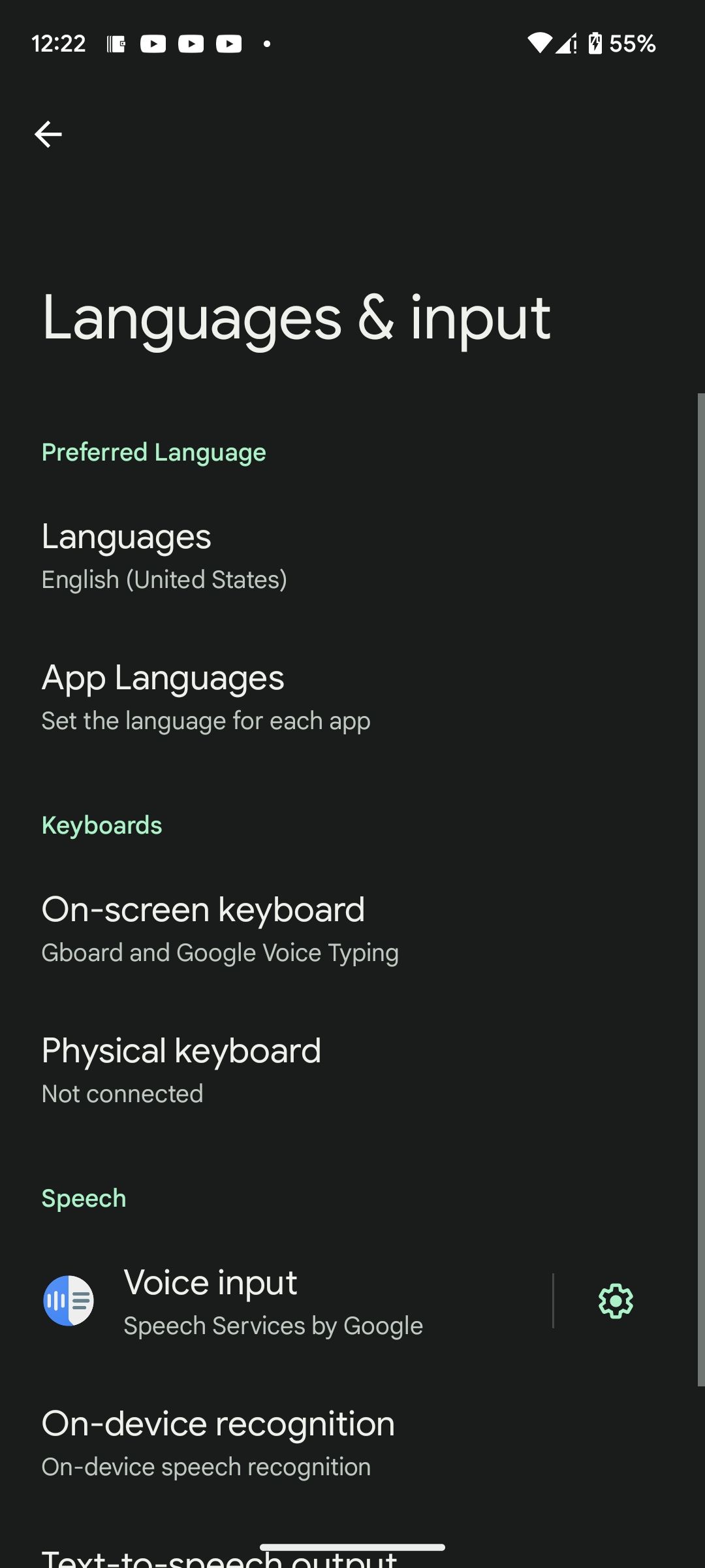 Languages and input settings in Android