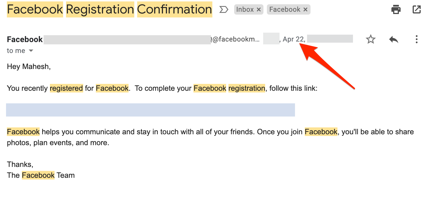 Use the welcome email to find your join date on Facebook