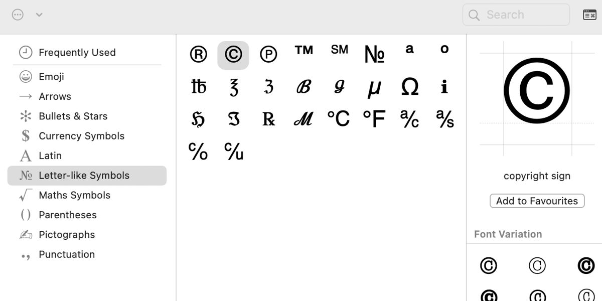 Mac character viewer with copyright symbol selected