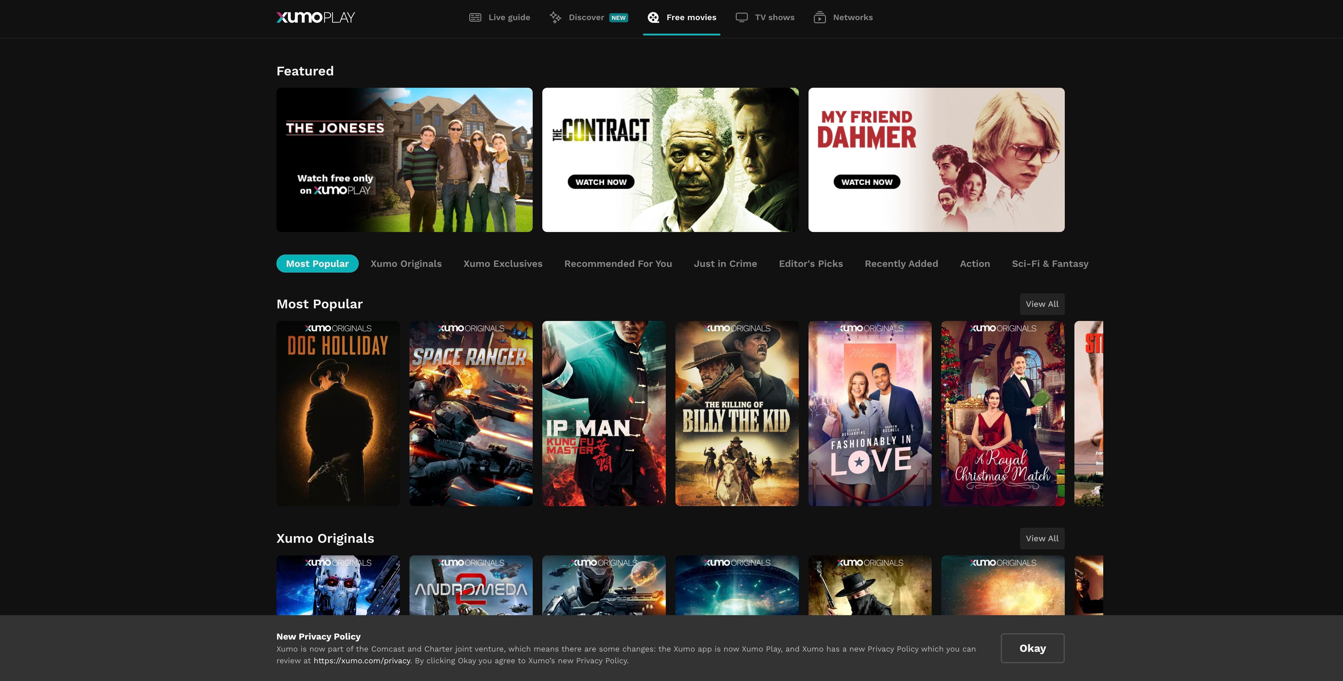 XumoPlay Free Movie Page with Most Popular List