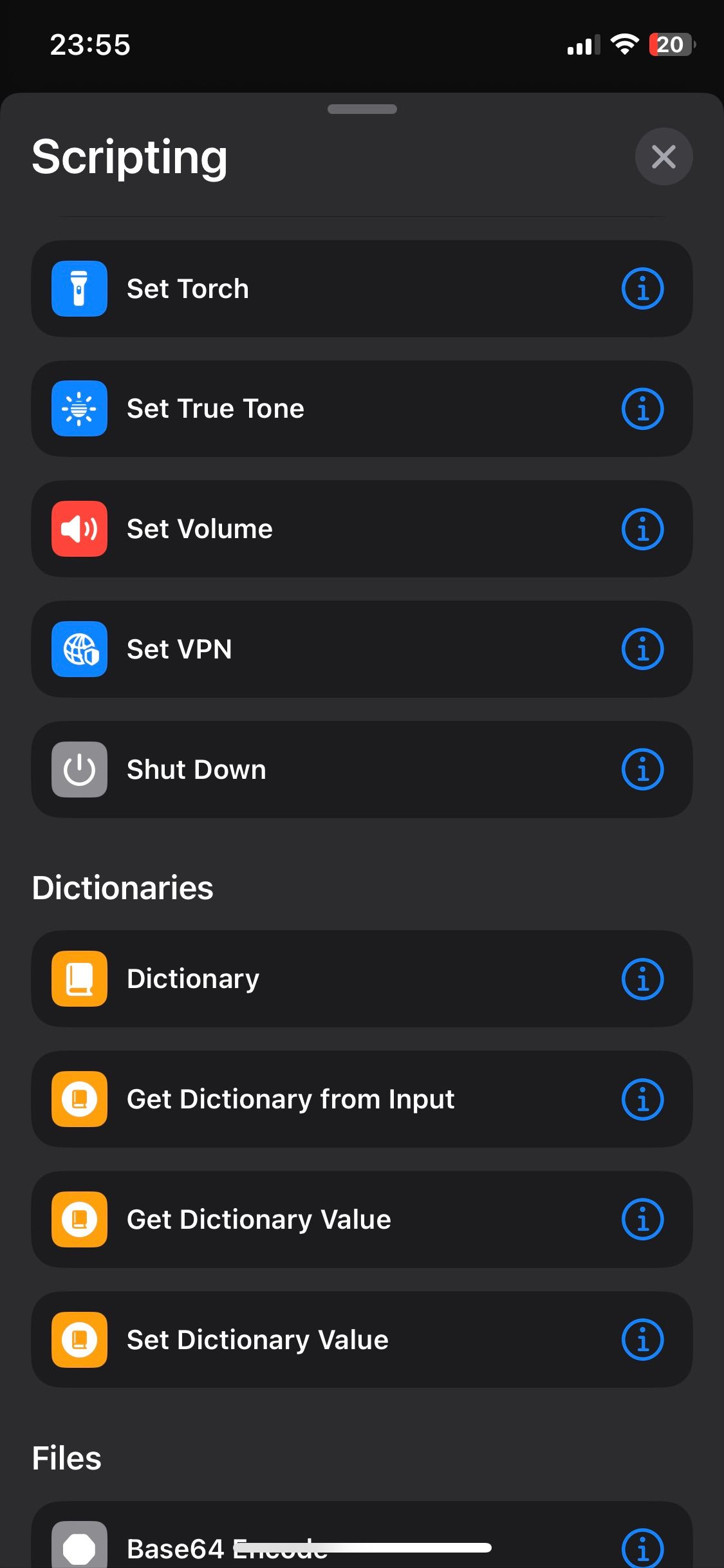 Shortcuts scripting menu screen on iPhone with all available options including set torch