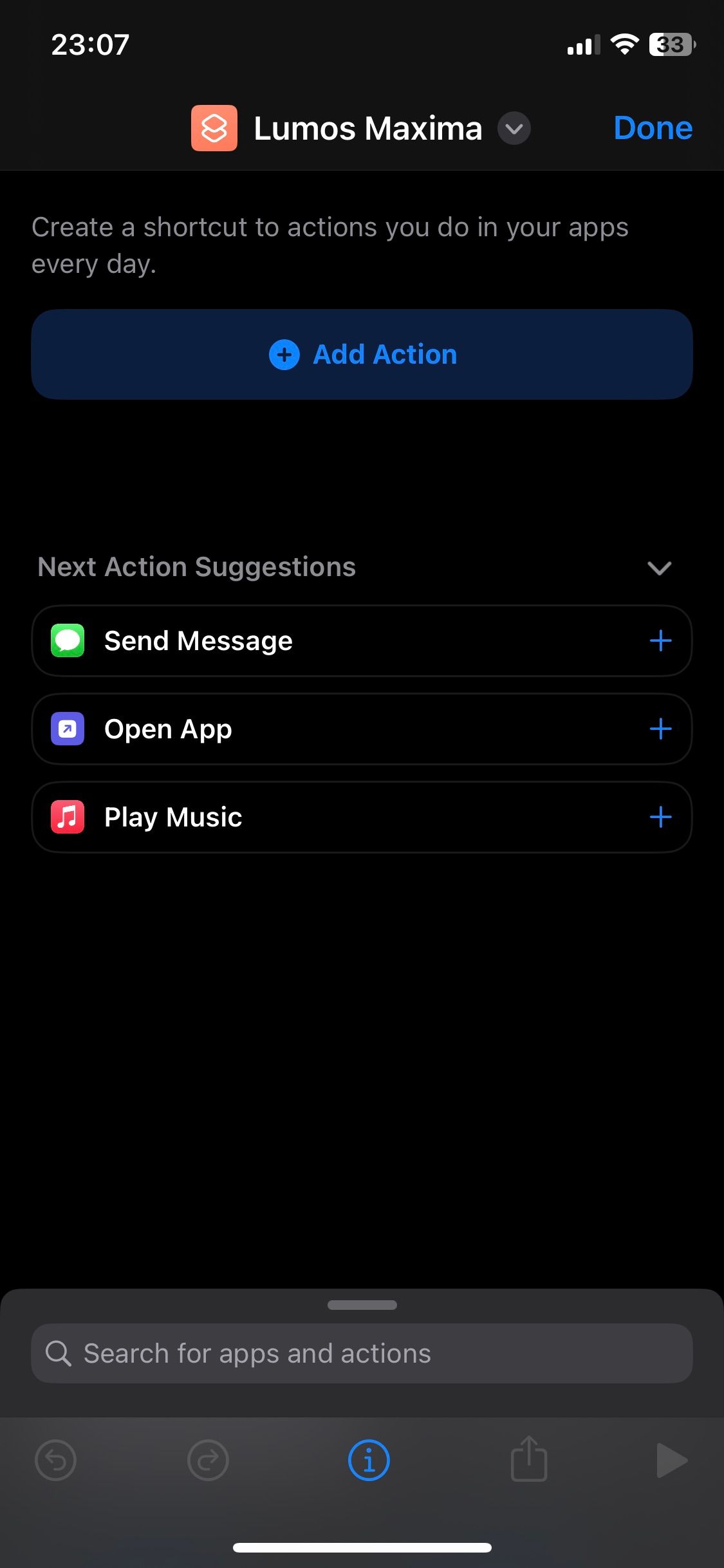 Create new shortcut screen on iPhone renamed to Lumos Maxima