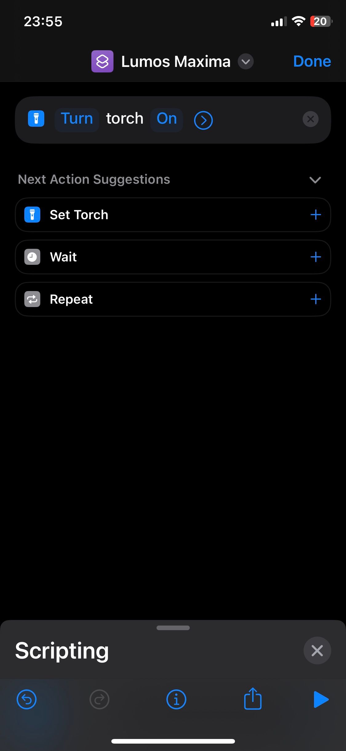 Create new shortcut screen with set torch scripting selected