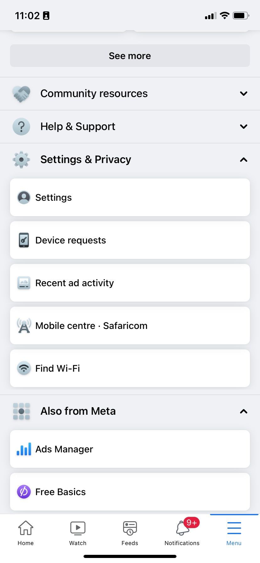 Settings and privacy option in Facebook’s iOS app