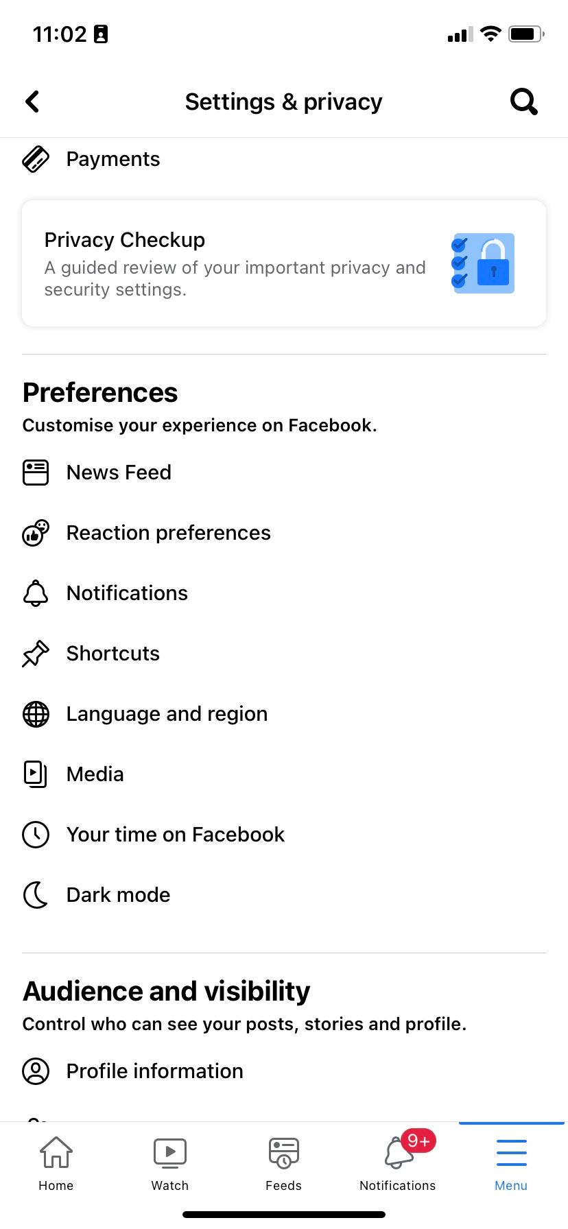 Settings and privacy page in Facebook’s iOS app