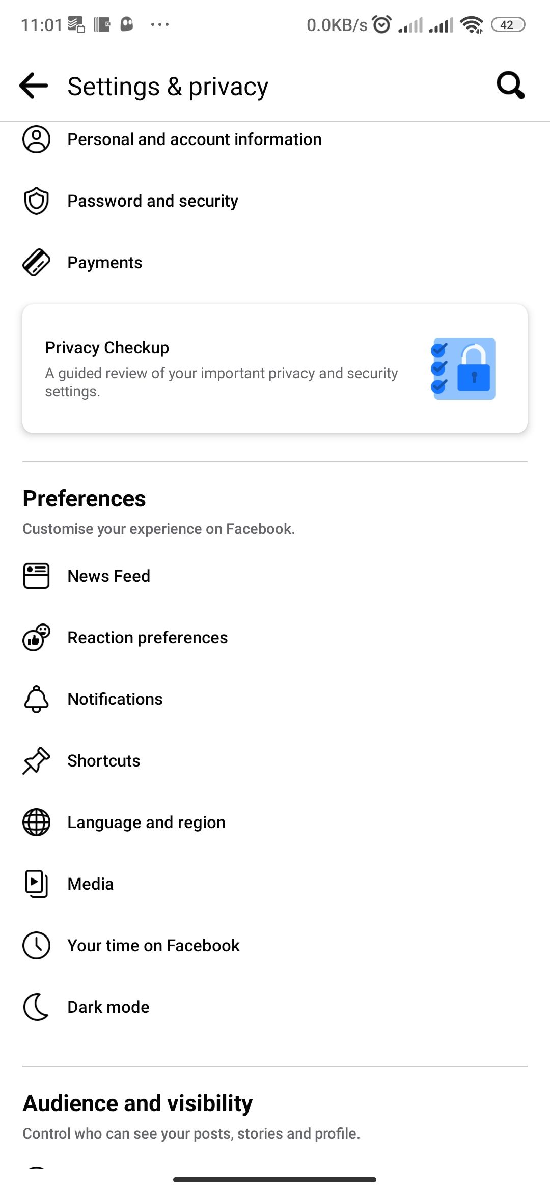 Preferences section in Facebook’s Android app