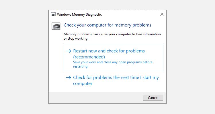 windows memory diagnostic tool options